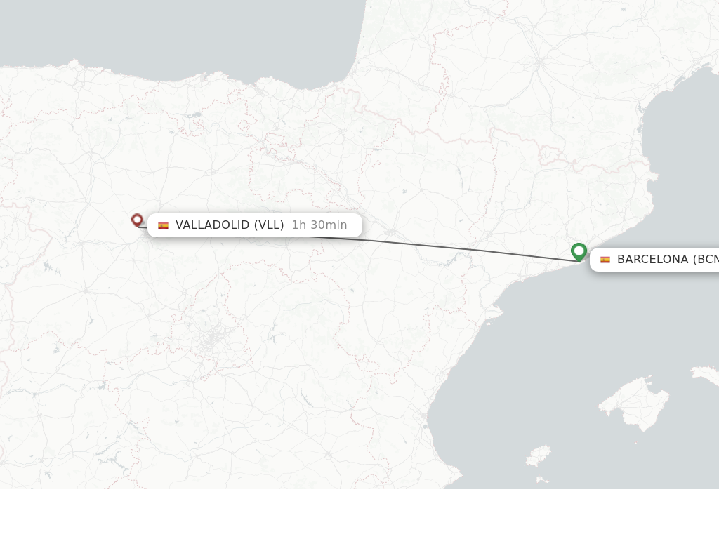 Flights from Barcelona to Valladolid route map