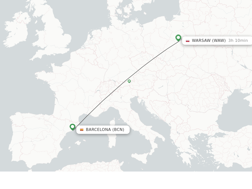 Flights from Barcelona to Warsaw route map