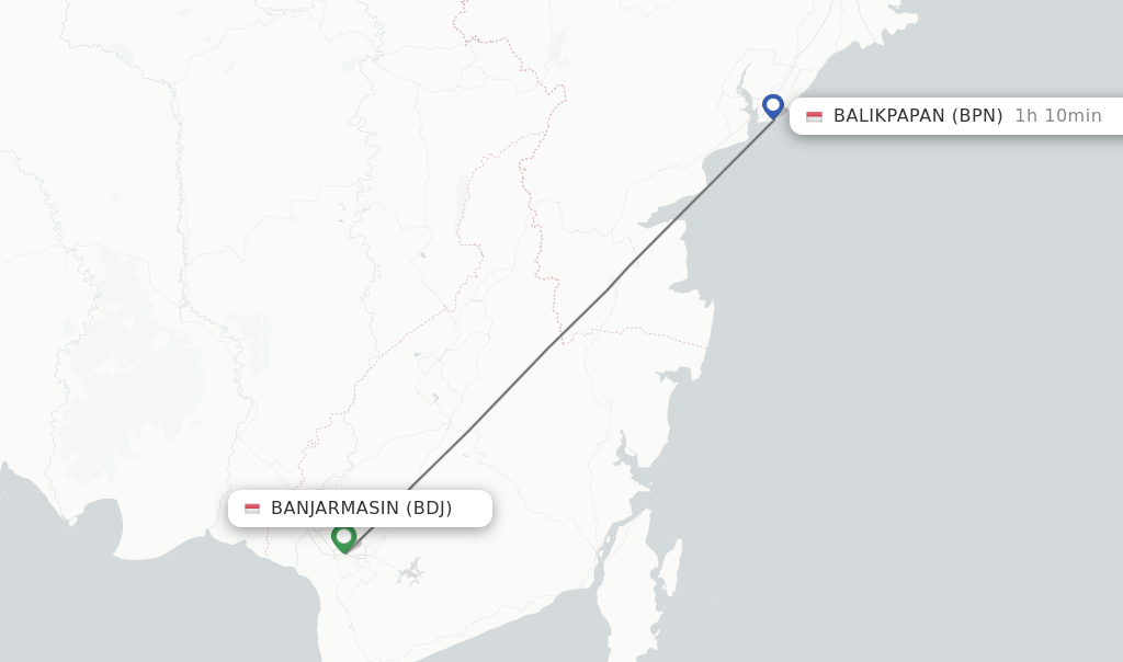 Flights from Banjarmasin to Balikpapan route map