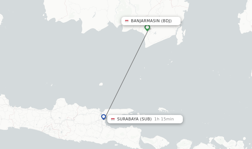 Flights from Banjarmasin to Surabaya route map