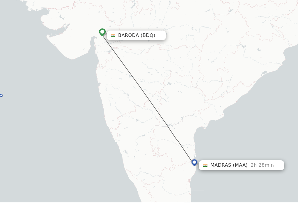 Flights from Vadodara to Chennai route map
