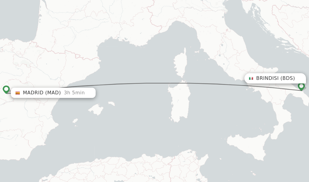 Flights from Brindisi to Madrid route map