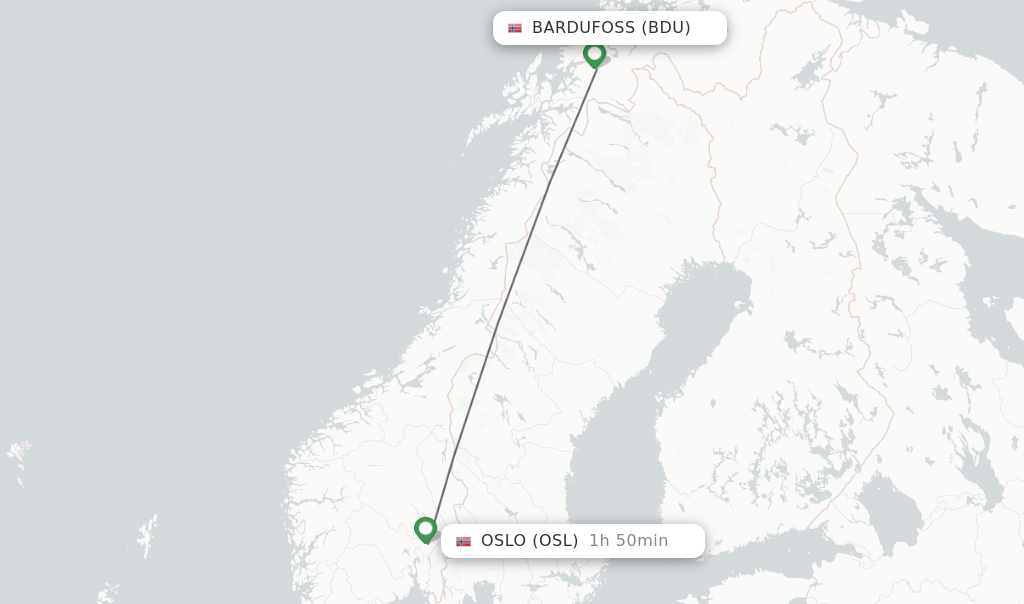 Flights from Bardufoss to Oslo route map
