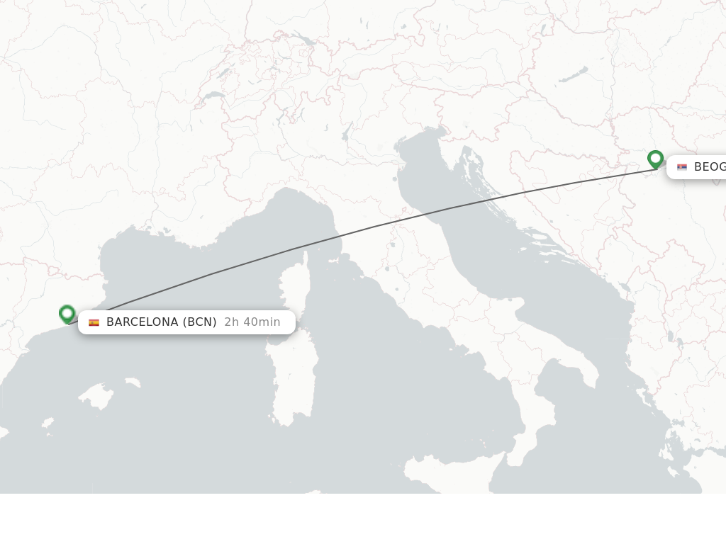 Flights from Belgrade to Barcelona route map