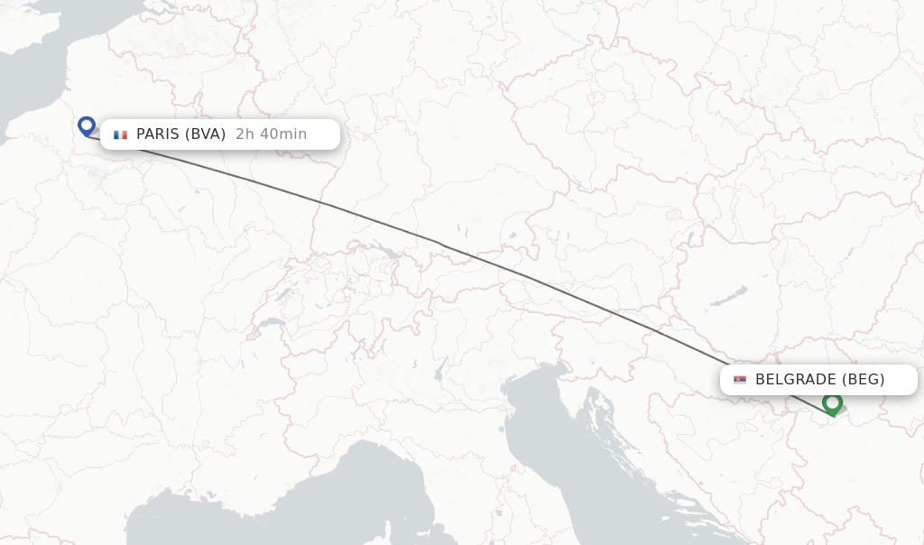 Flights from Belgrade to Paris route map