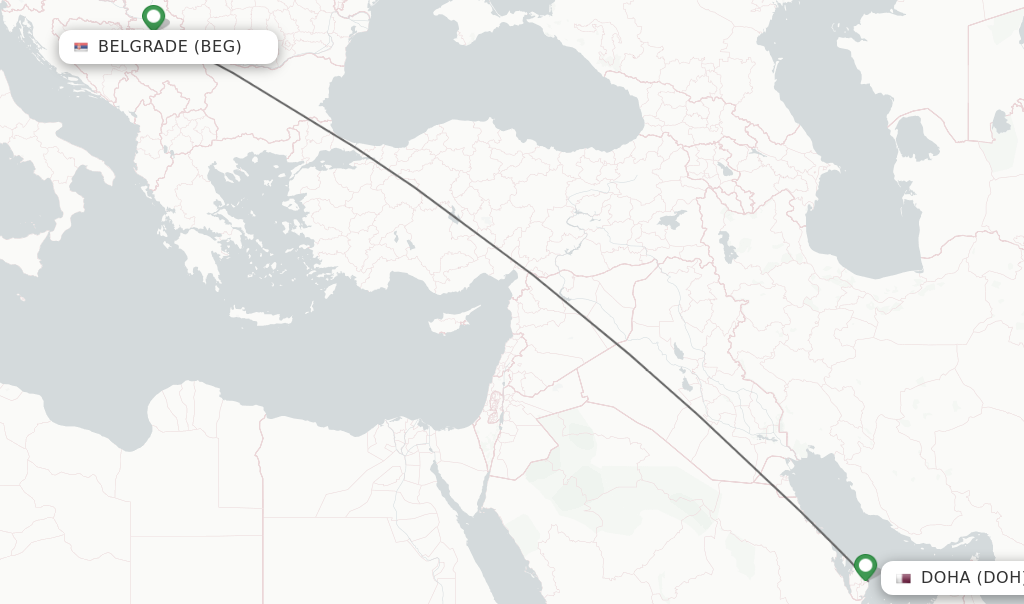 Flights from Belgrade to Doha route map