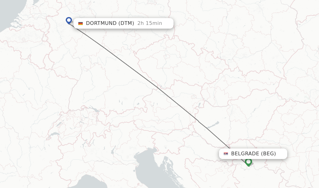 Flights from Belgrade to Dortmund route map