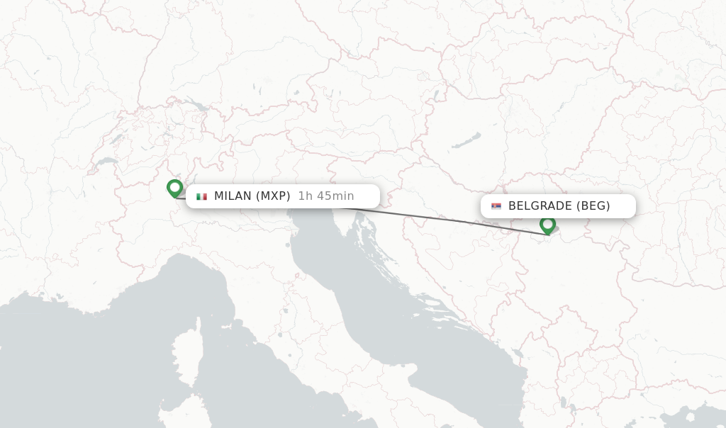 Flights from Belgrade to Milan route map