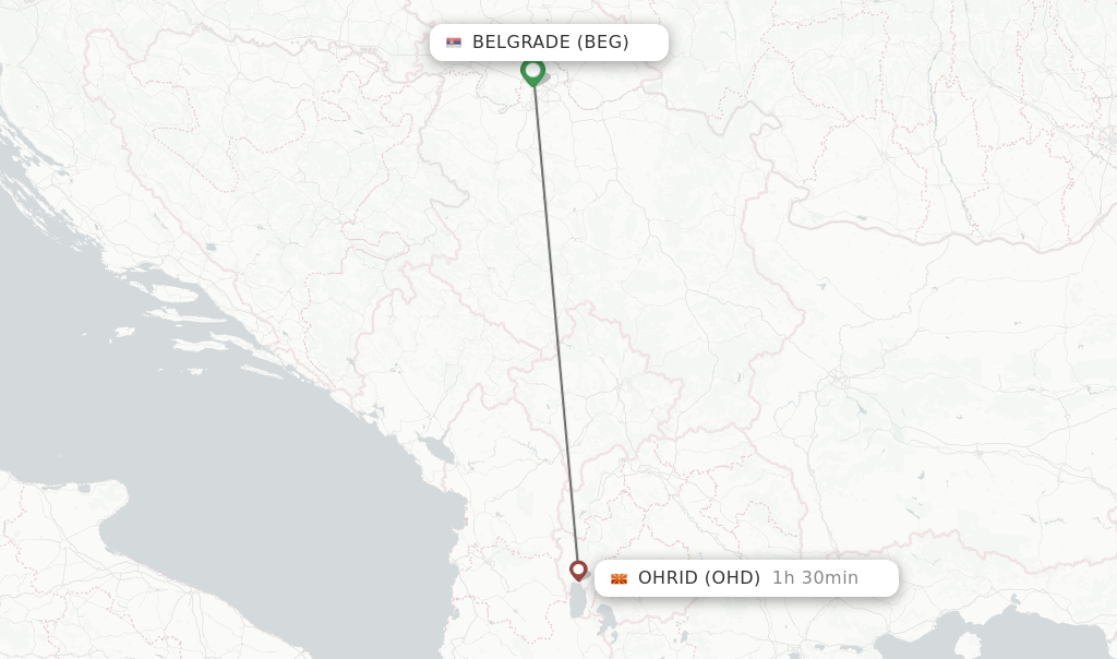 Flights from Belgrade to Ohrid route map