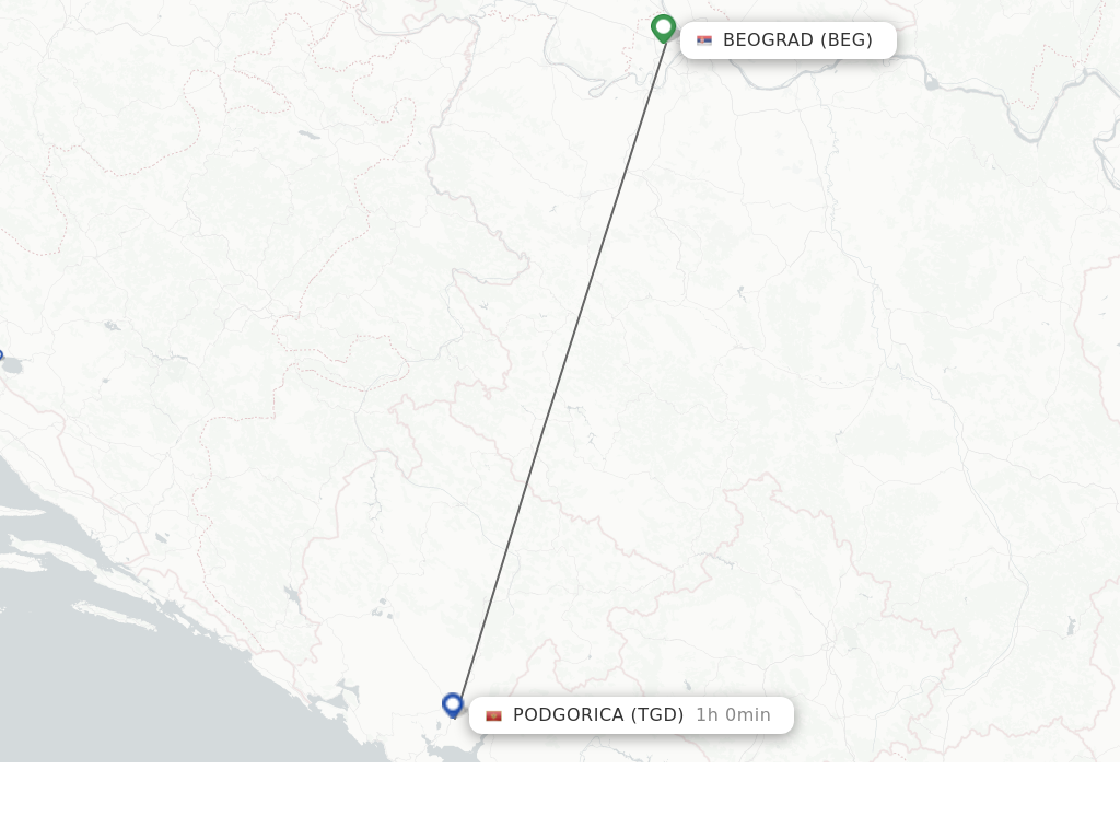 Flights from Belgrade to Podgorica route map