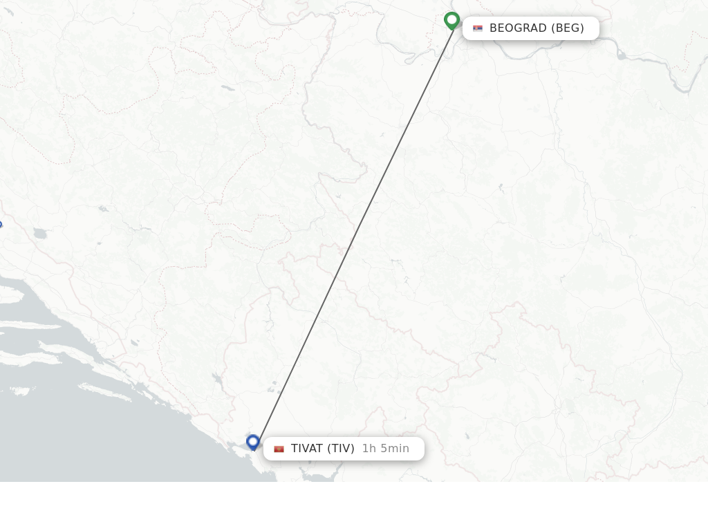 Flights from Belgrade to Tivat route map