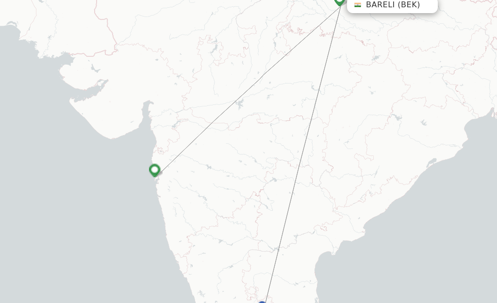 Route map with flights from Bareilly with IndiGo
