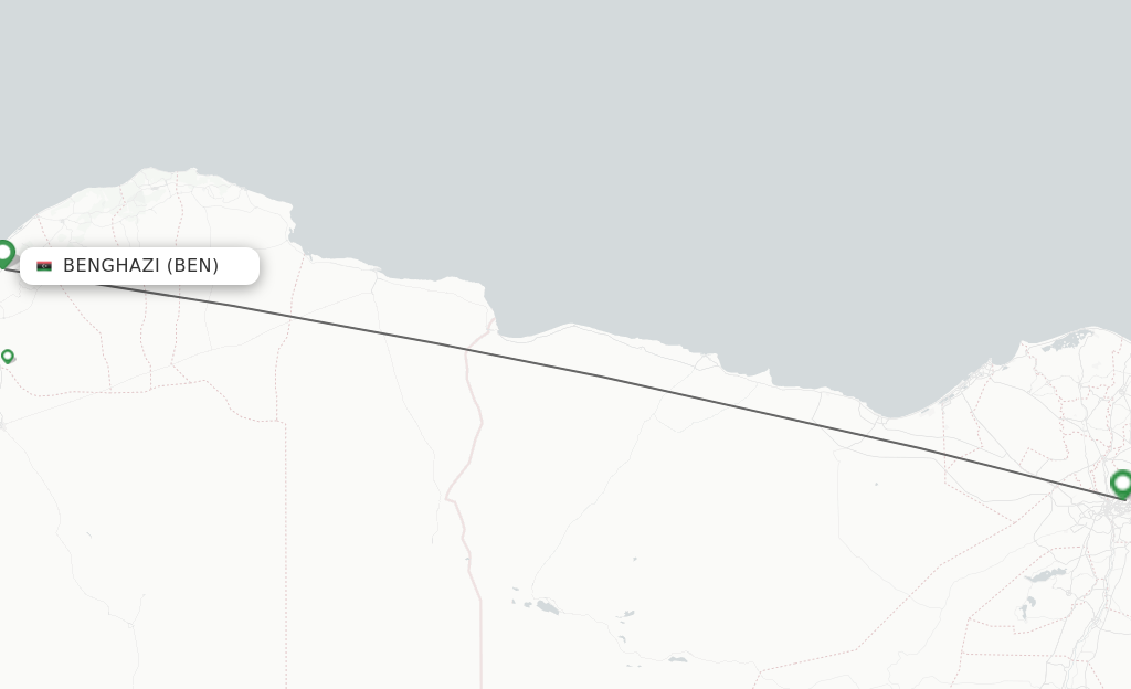 Flights from Benghazi to Cairo route map