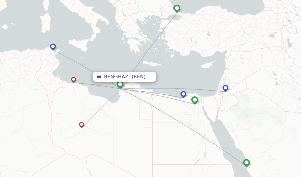 Route map with flights from Benghazi with Libyan Airlines