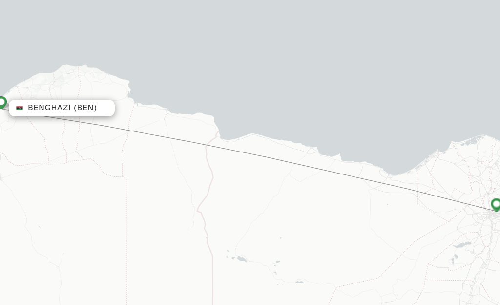 Route map with flights from Benghazi with EgyptAir