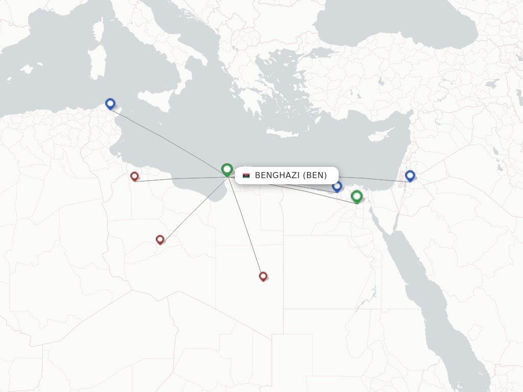 Flights from Benghazi to Cairo route map
