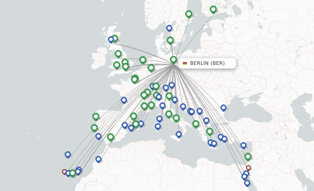 Route map with flights from Berlin with easyJet