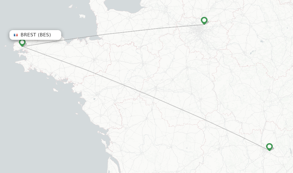 Route map with flights from Brest with Air France