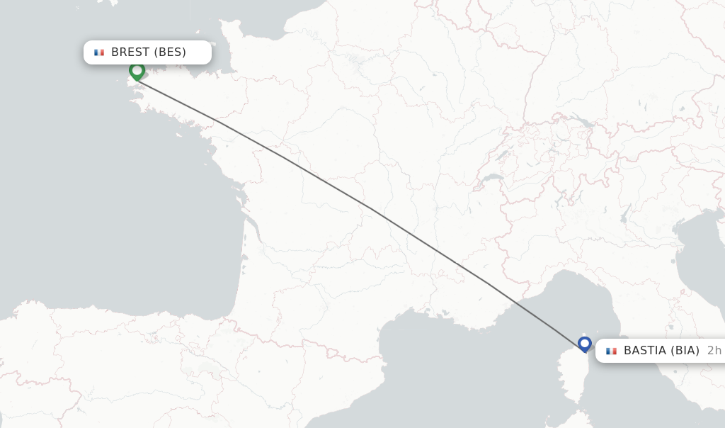 Flights from Brest to Bastia route map