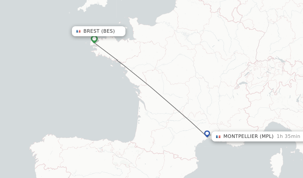 Flights from Brest to Montpellier route map