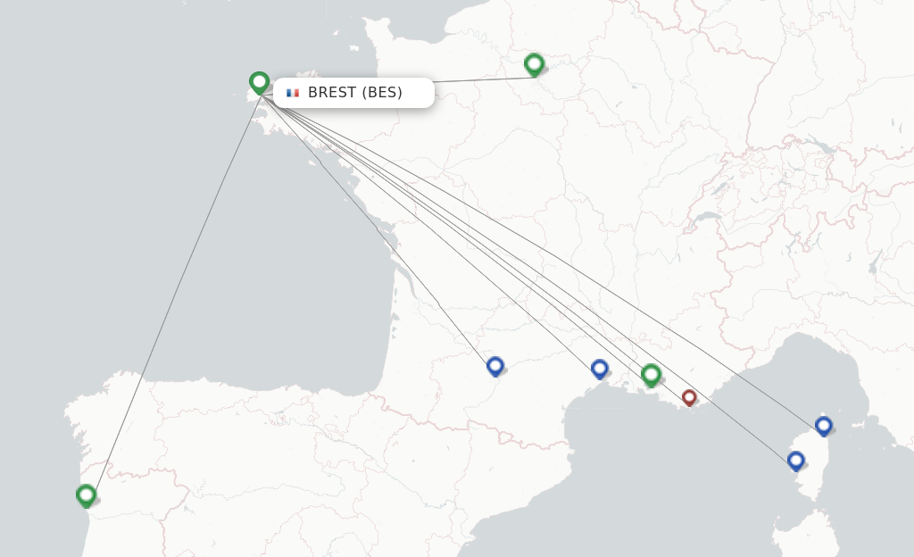 Route map with flights from Brest with Transavia France