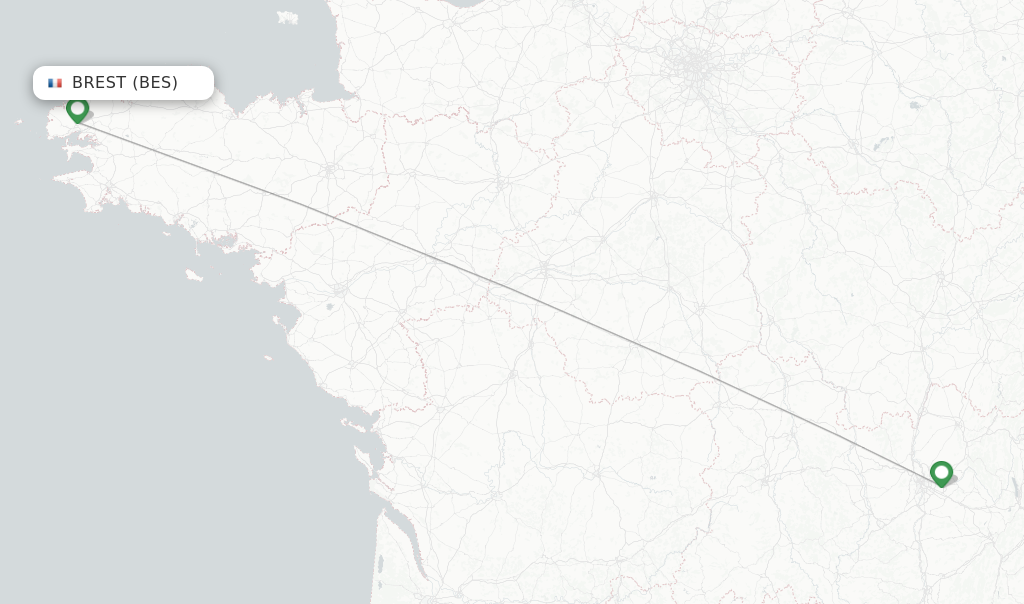 Route map with flights from Brest with easyJet