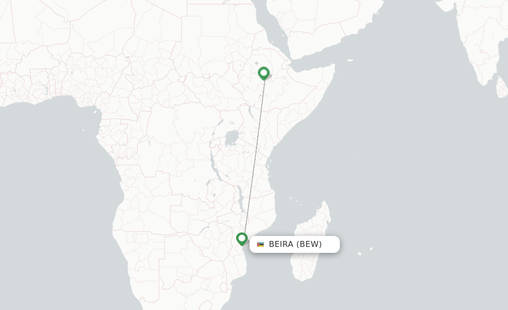 Route map with flights from Beira with Ethiopian