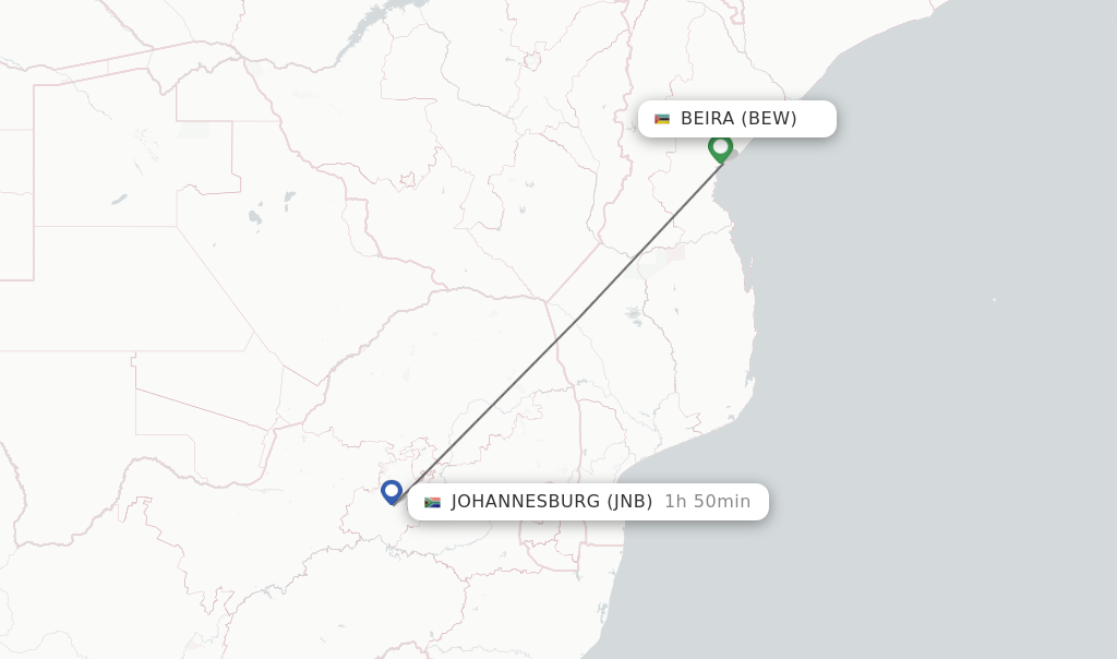 Flights from Beira to Johannesburg route map