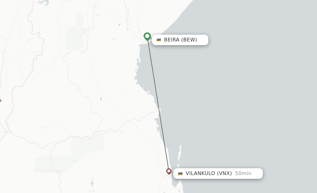 Flights from Vilanculos to Beira route map