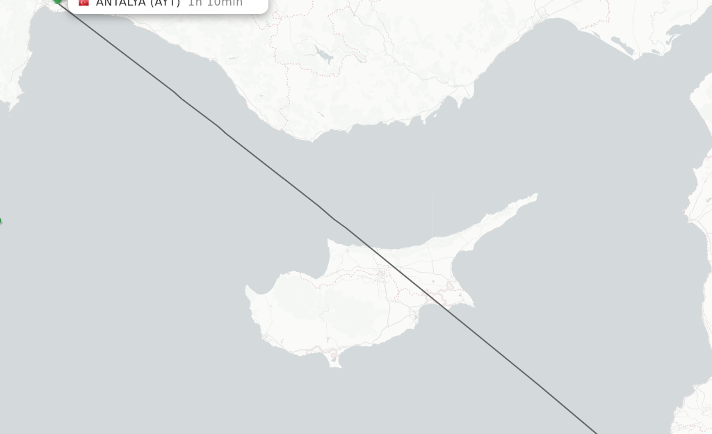 Flights from Beirut to Antalya route map