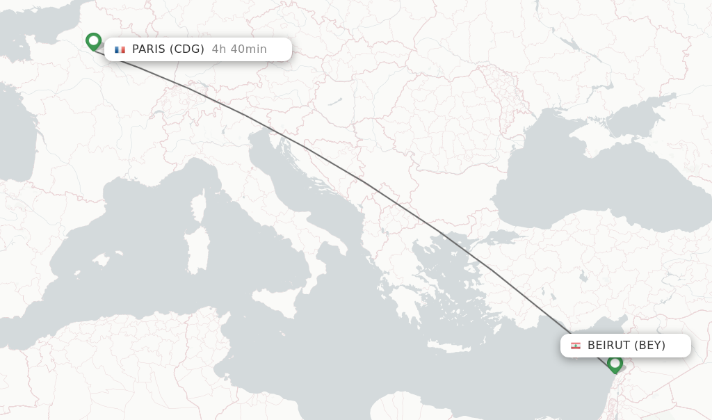 Flights from Beirut to Paris route map