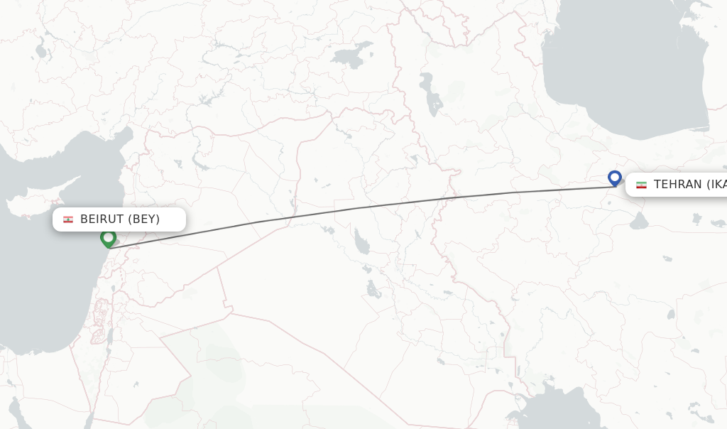 Flights from Beirut to Tehran route map