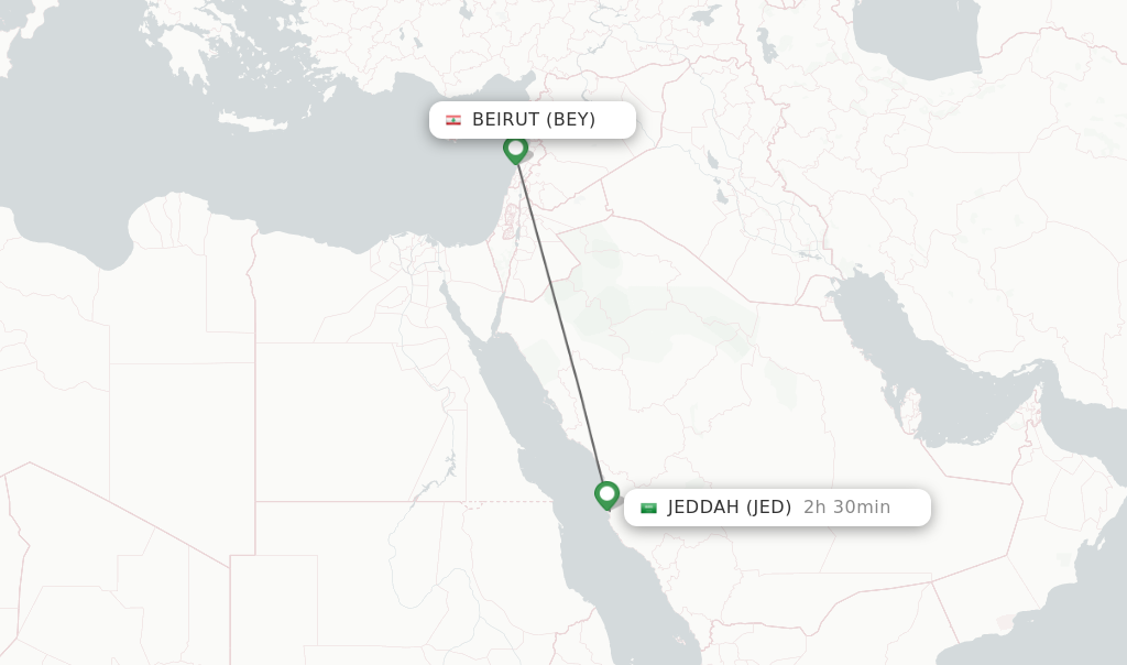 Flights from Beirut to Jeddah route map
