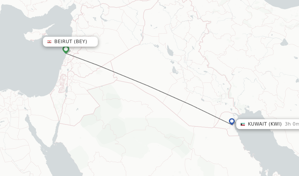 Flights from Beirut to Kuwait route map