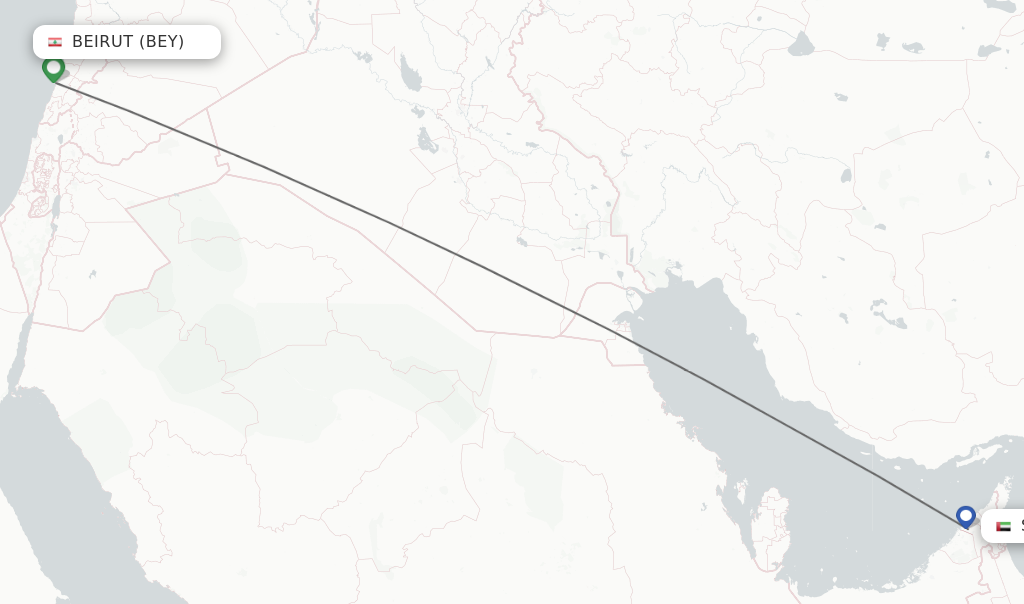 Flights from Beirut to Sharjah route map