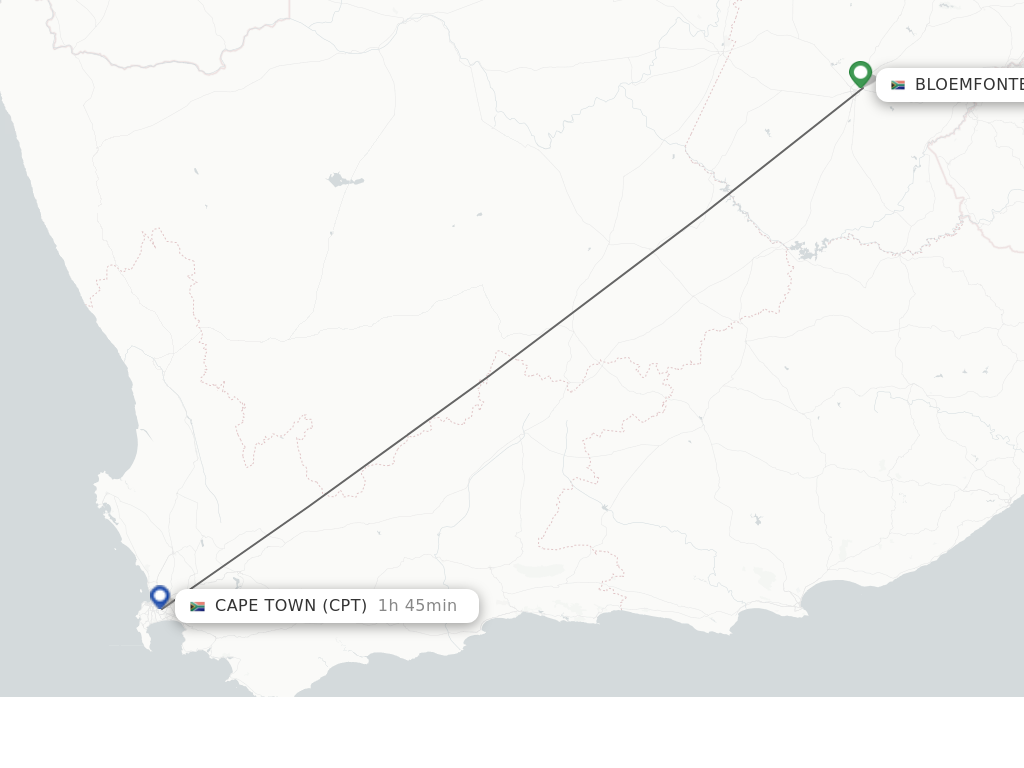 Flights from Bloemfontein to Cape Town route map