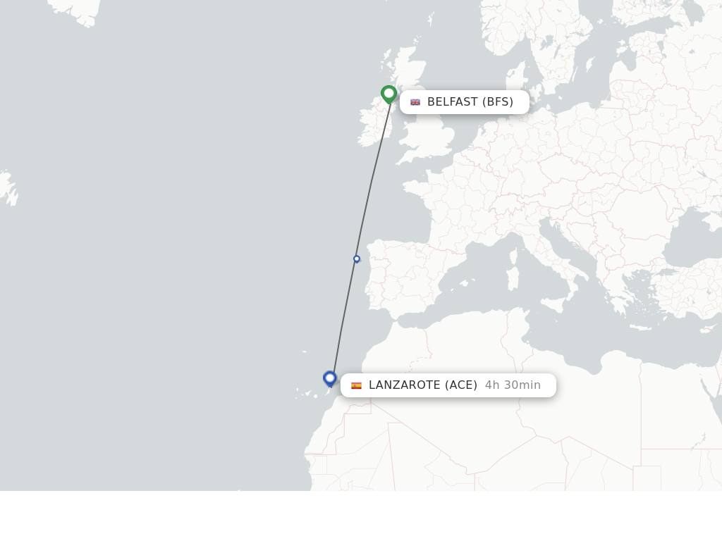 Flights from Belfast to Lanzarote route map