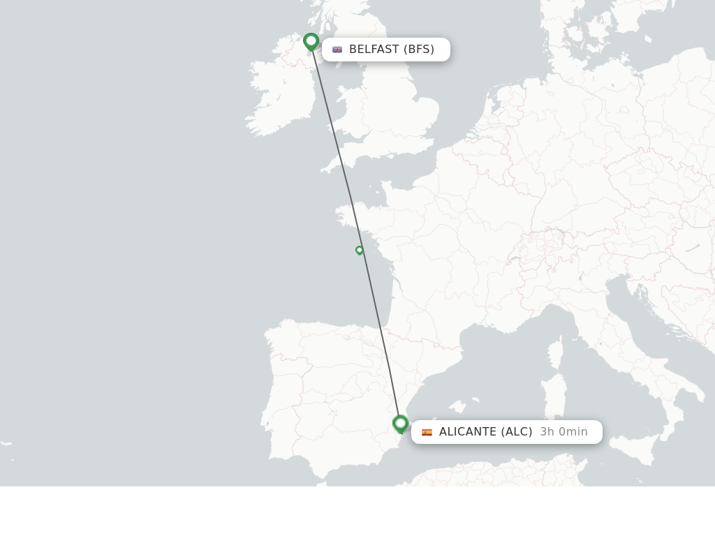 Flights from Belfast to Alicante route map