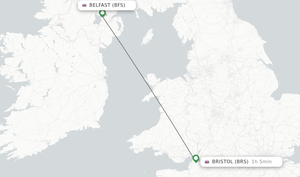 Flights from Belfast to Bristol route map