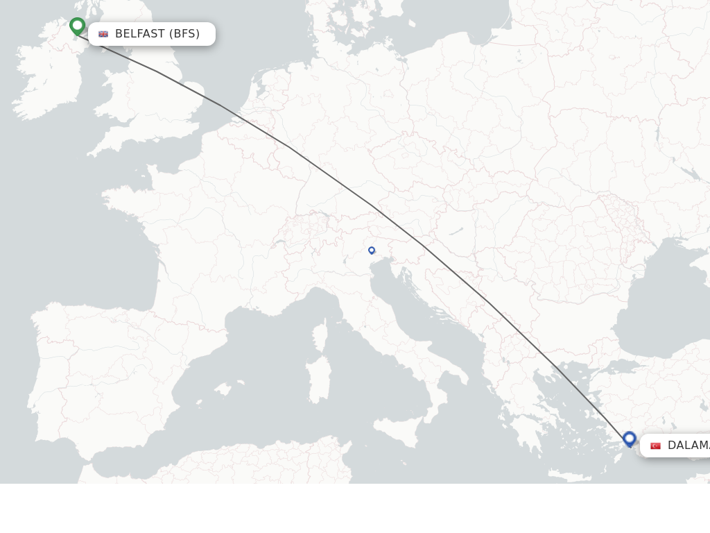 Flights from Belfast to Dalaman route map