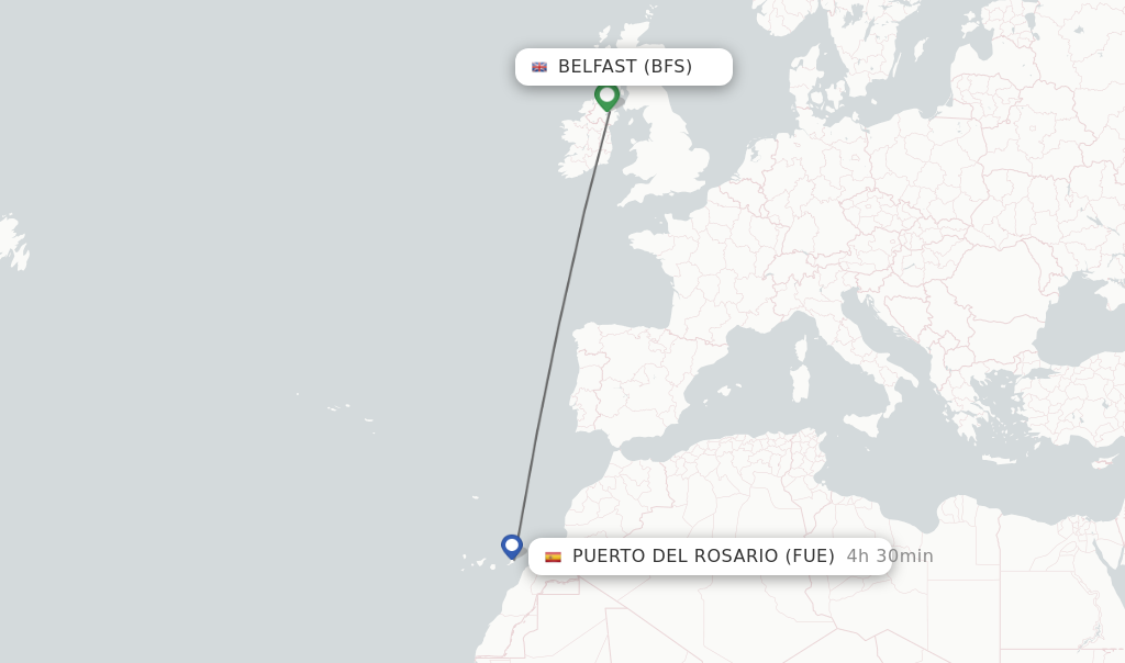Flights from Belfast to Puerto del Rosario route map