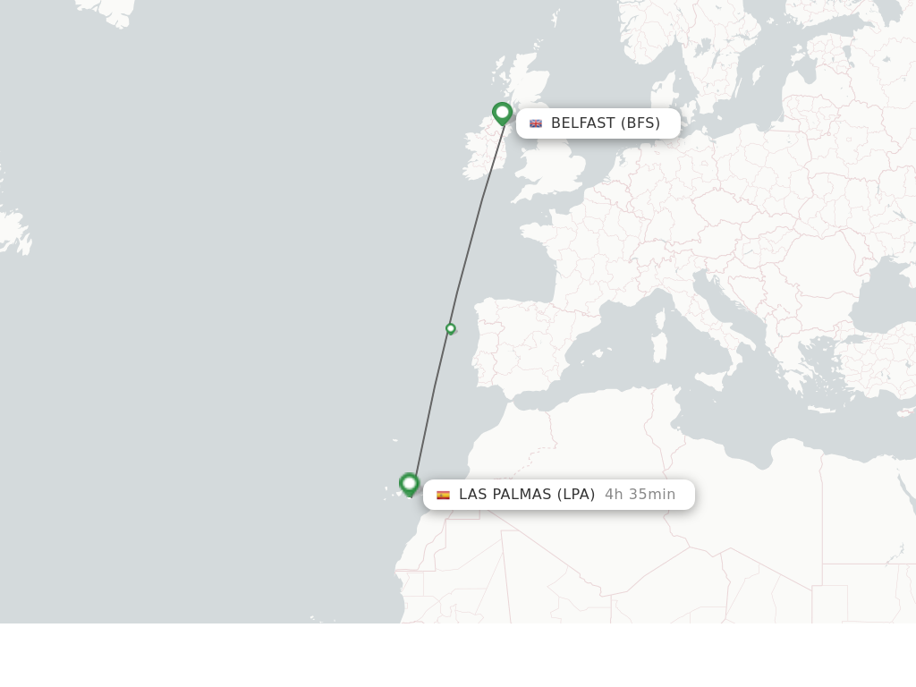 Flights from Belfast to Las Palmas route map