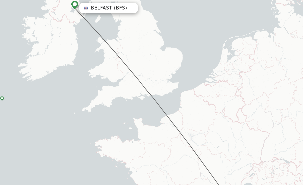 Flights from Belfast to Lyon route map
