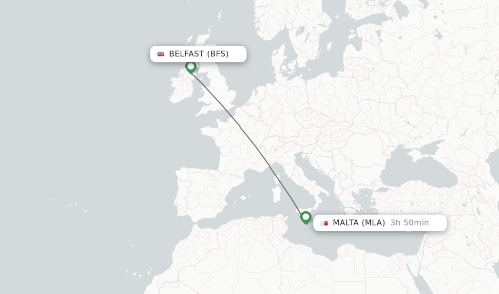 Flights from Belfast to Malta route map
