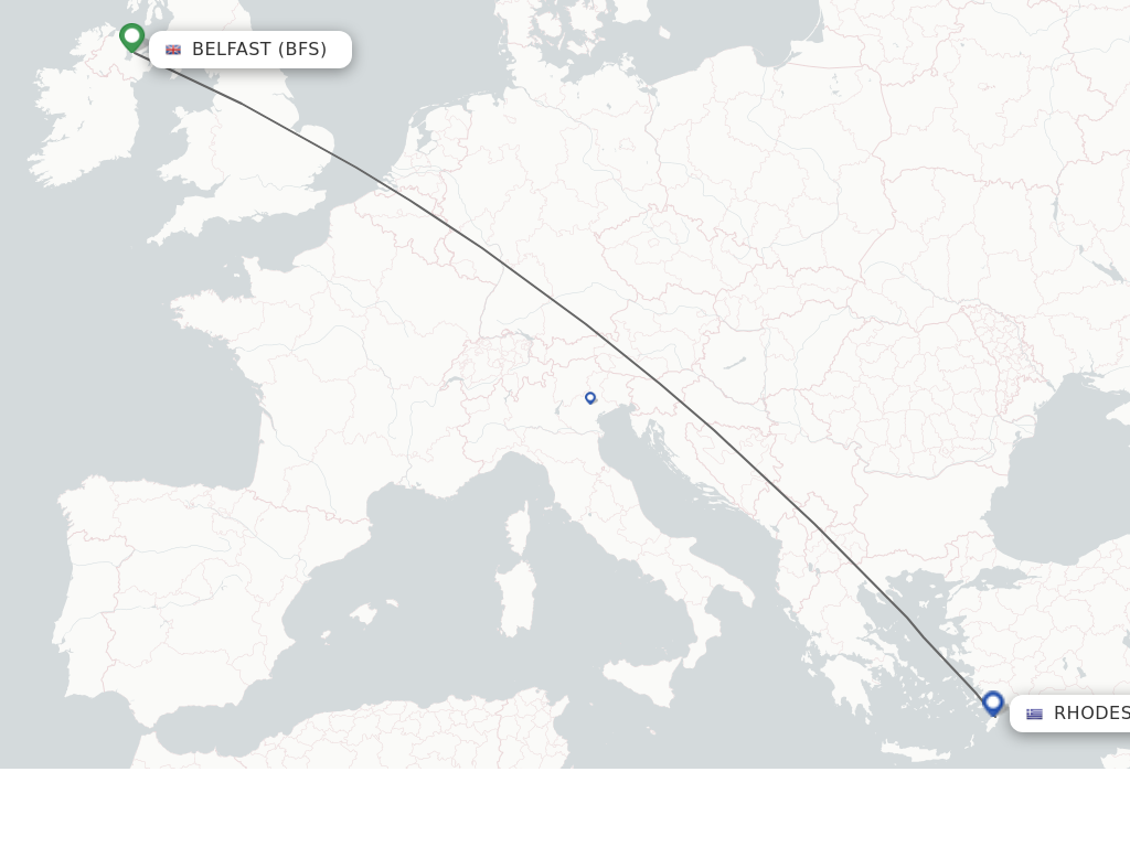 Flights from Belfast to Rhodes route map