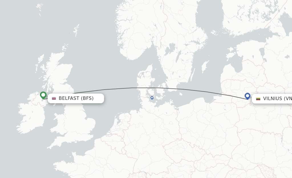 Flights from Belfast to Vilnius route map