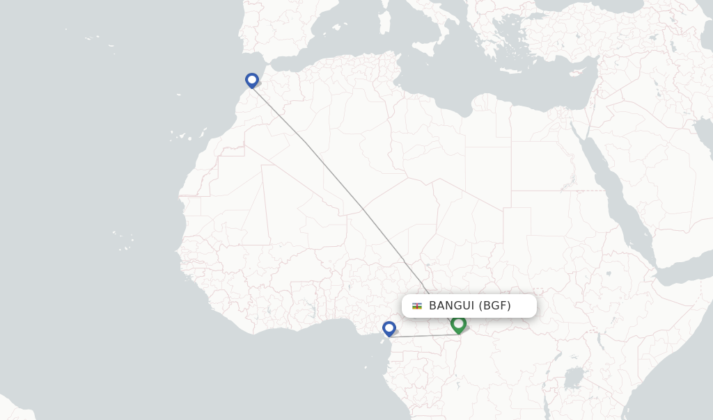 Route map with flights from Bangui with Royal Air Maroc