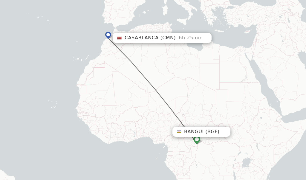 Flights from Bangui to Casablanca route map