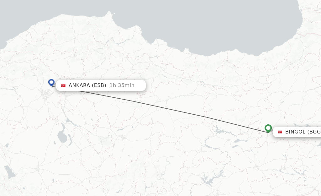 Flights from Bingol to Ankara route map