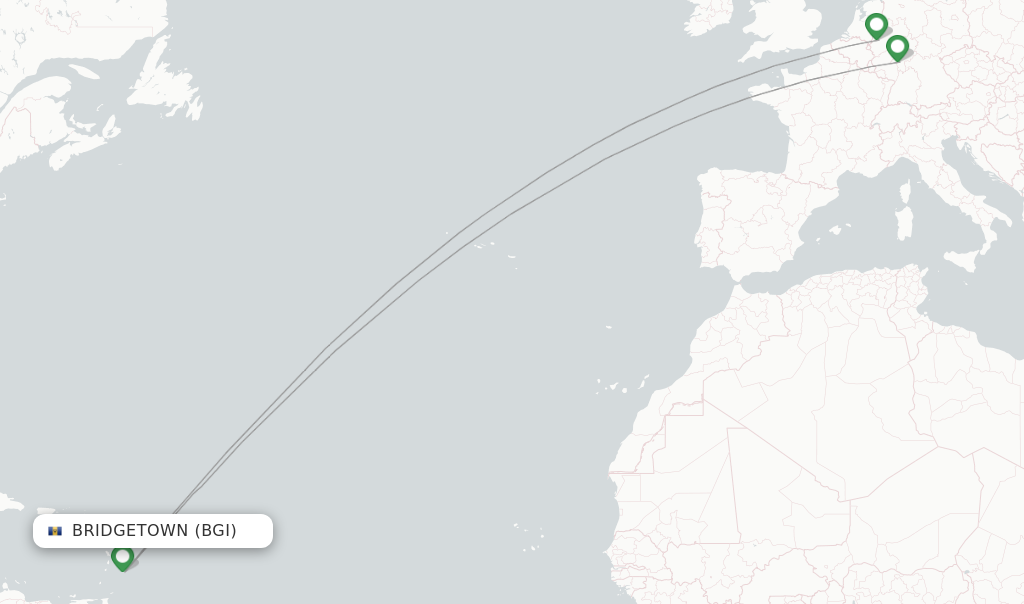 Route map with flights from Bridgetown with Condor